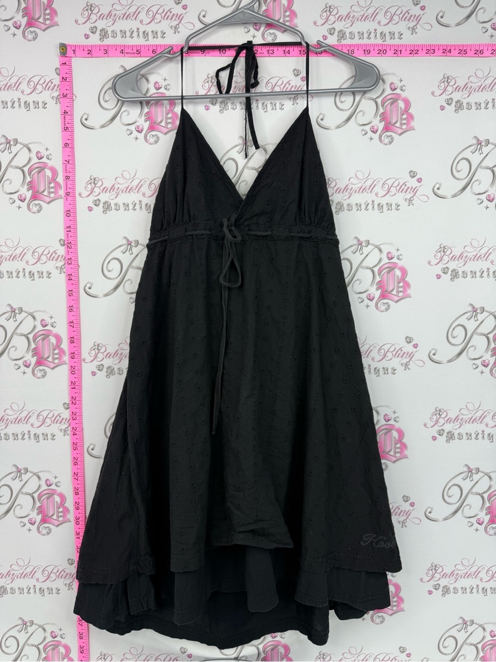 Hooch dress tie up y2k Embroidery Black Eyelet Halter Summer Dress